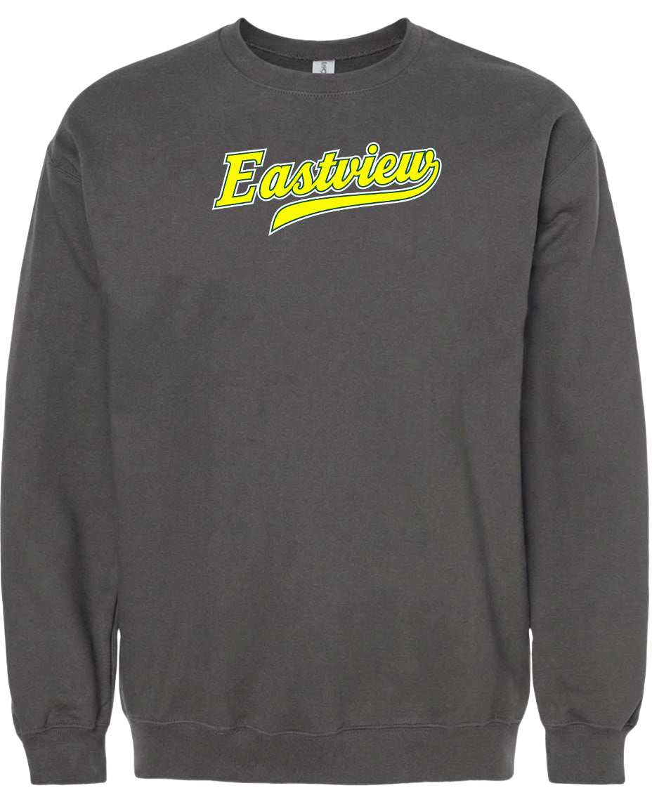 A gray sweatshirt with the word "Eastview" printed in yellow on the front.