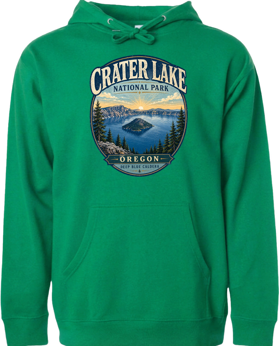 A green hoodie with a graphic design depicting Crater Lake National Park in Oregon.