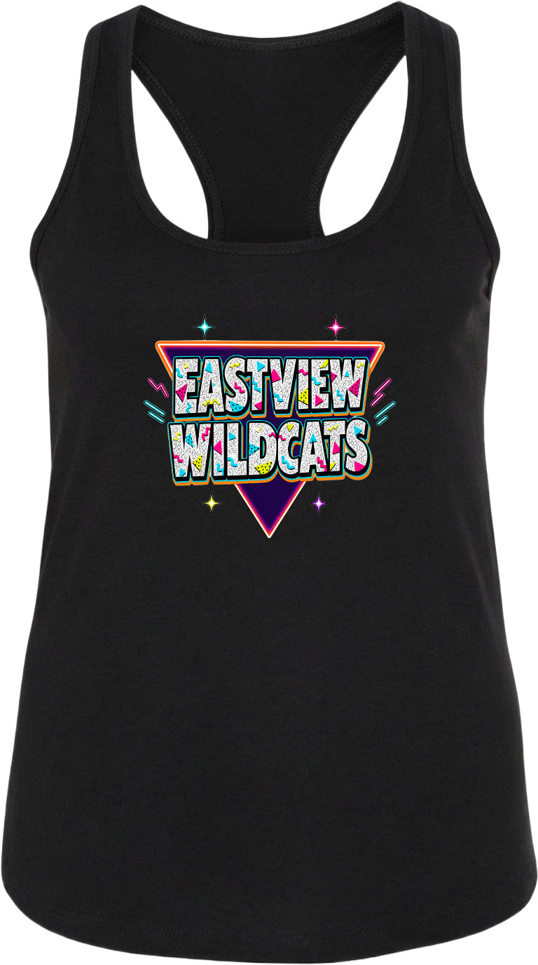 A black tank top with a colorful graphic design featuring the text "EASTVIEW WILDCATS" in a retro-style font.