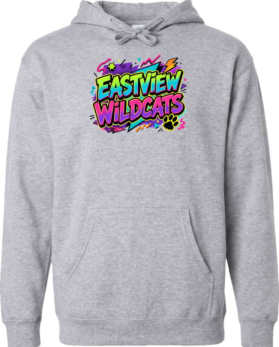 A gray hoodie with a colorful graphic design featuring the text "EASTVIEW WILDCATS" and a paw print.
