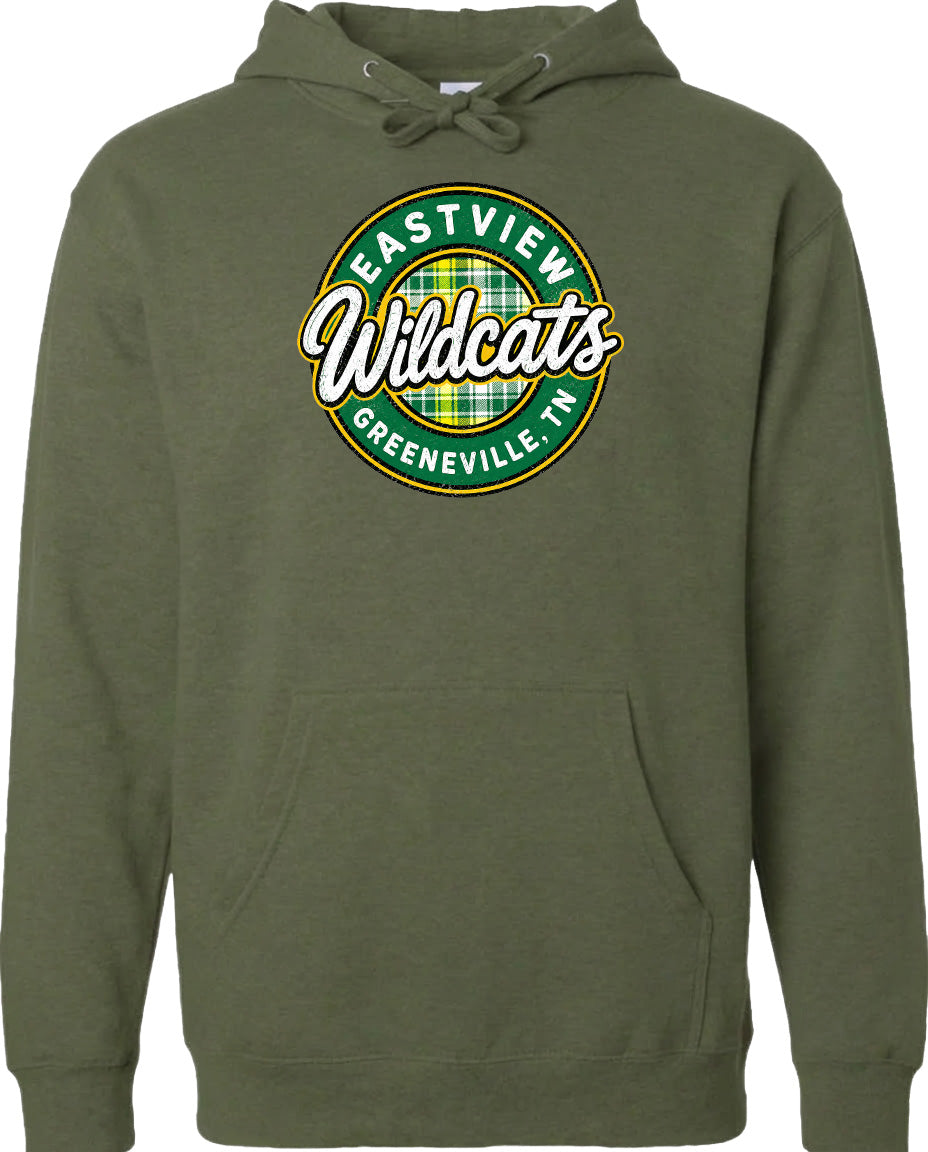 A green hoodie with a circular logo on the front.