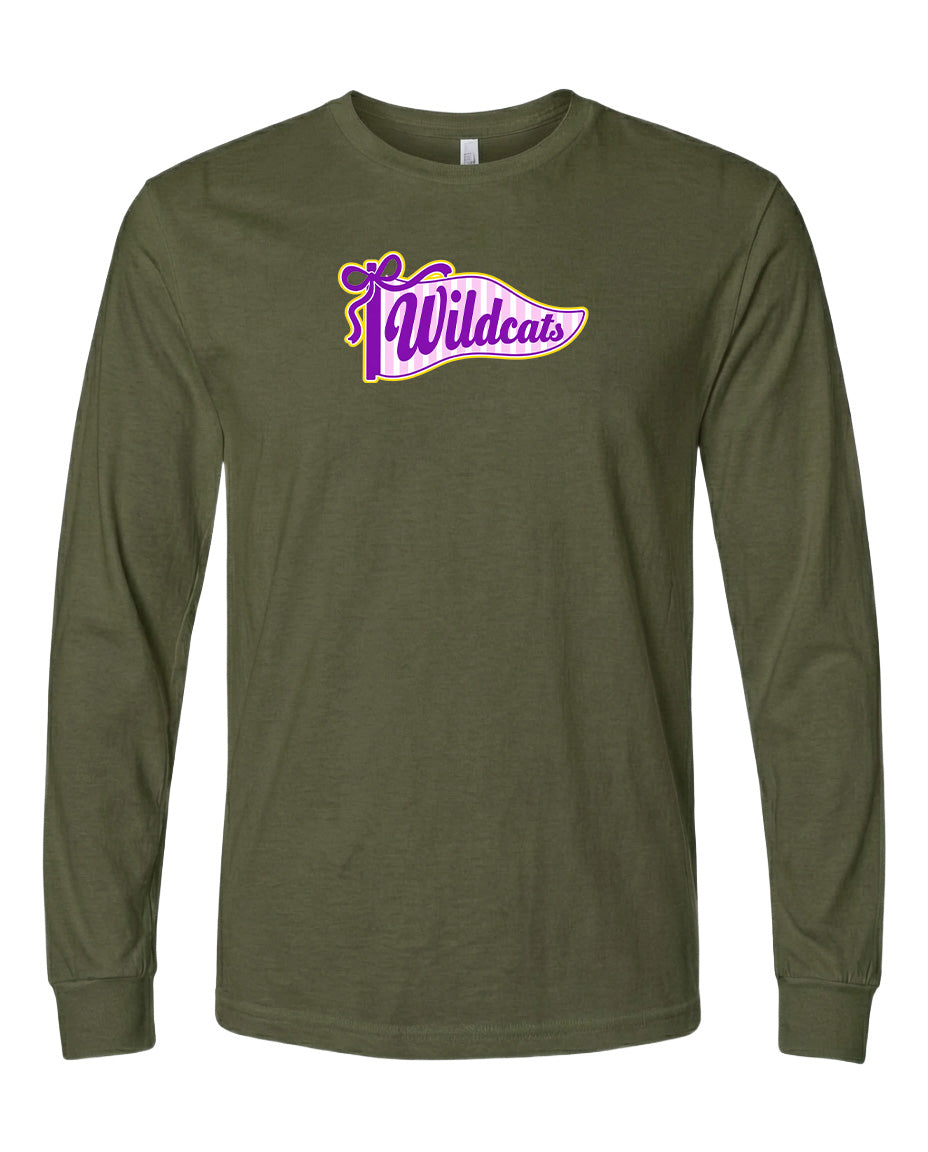 A long-sleeved olive green t-shirt with a purple and yellow graphic design on the front.