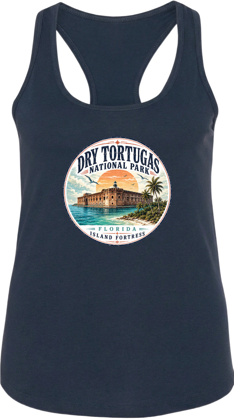 A graphic design on a dark tank top featuring a circular emblem with a building and palm trees, surrounded by text that says "Dry Tortugas National Park, Florida Island Fortress".