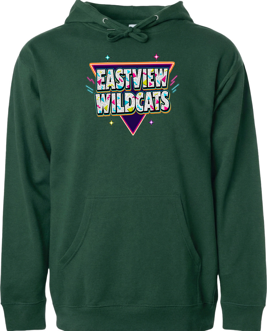 A green hoodie with a graphic design featuring the text "EASTVIEW WILDCATS" in a colorful, retro-style font.