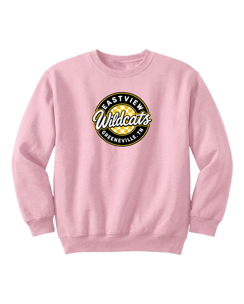 A pink sweatshirt with a logo on it.