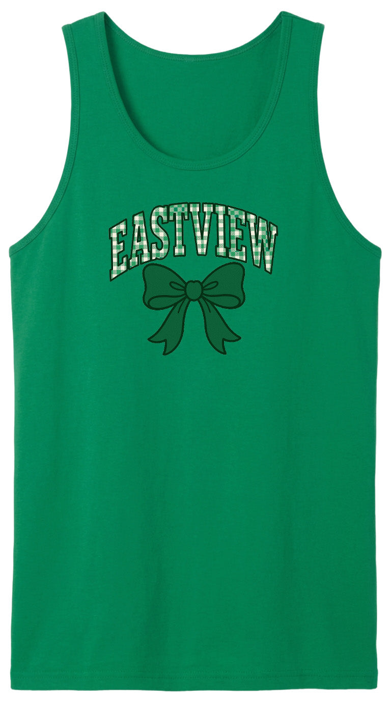 A green tank top with the word "EASTVIEW" and a bow graphic printed on it.