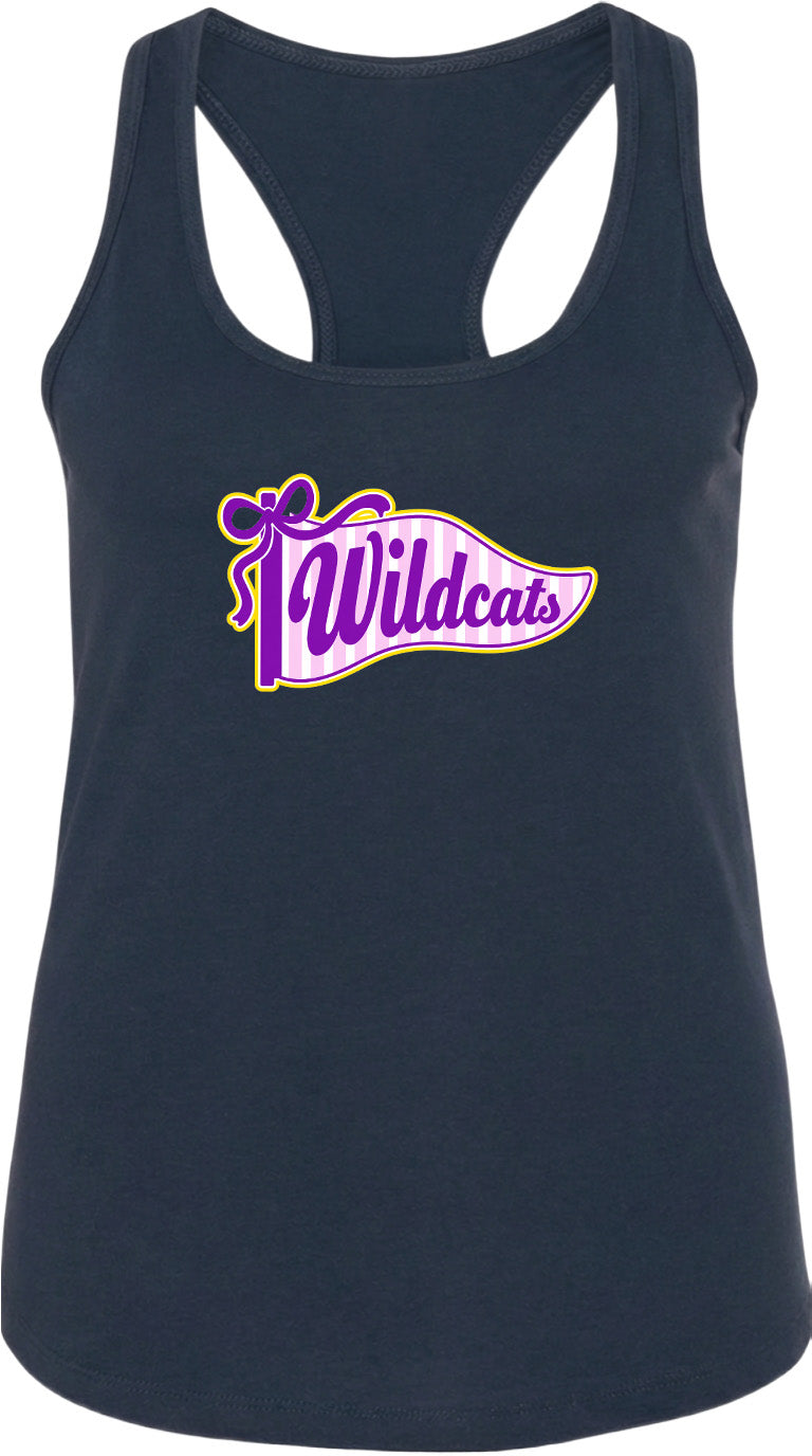 A navy blue tank top with a graphic design featuring the text "Wildcats" and a banner-like shape with a purple ribbon.