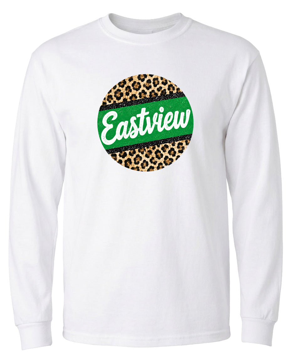 A white long-sleeved t-shirt with a circular design featuring a leopard print pattern and the word "Eastview" written in green text.
