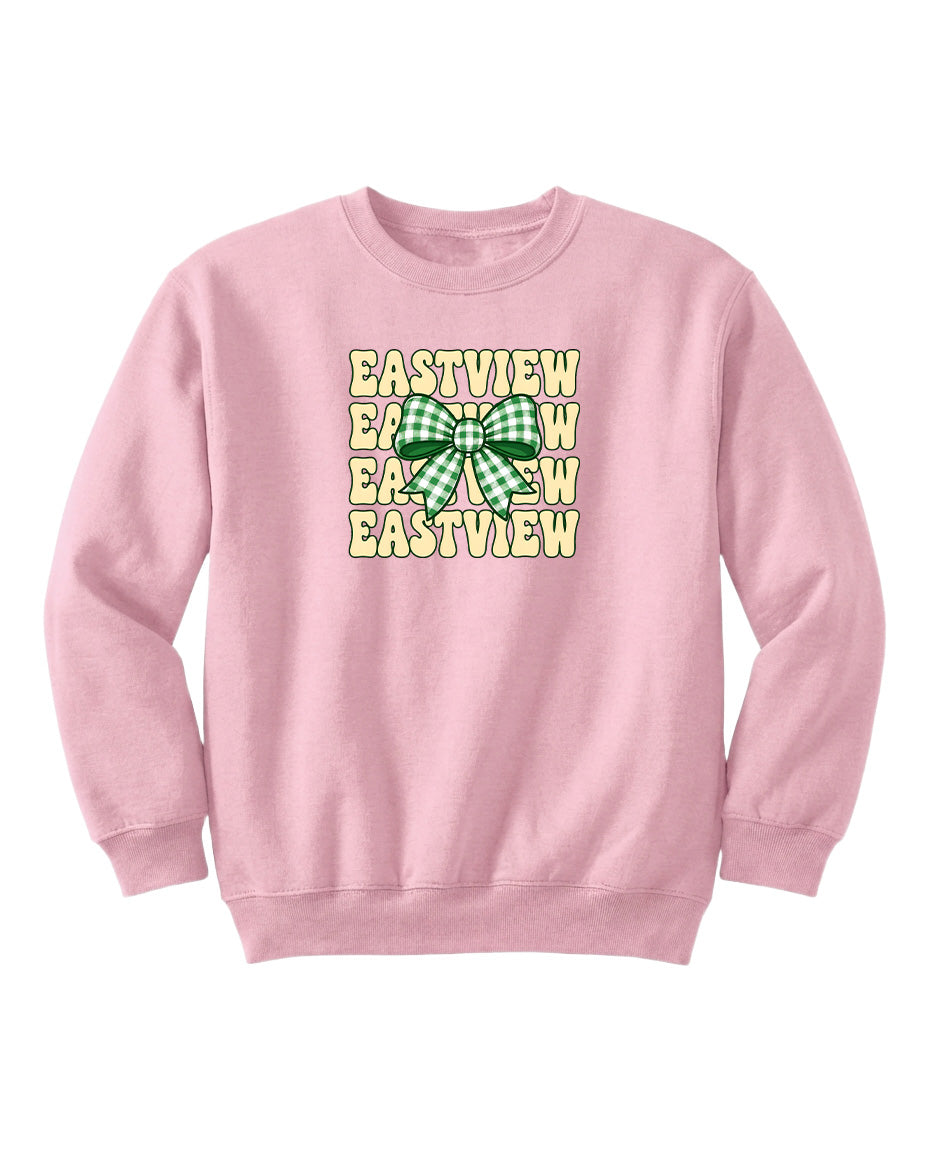 A pink sweatshirt with a graphic design featuring the text "EASTVIEW" repeated in a vertical pattern.