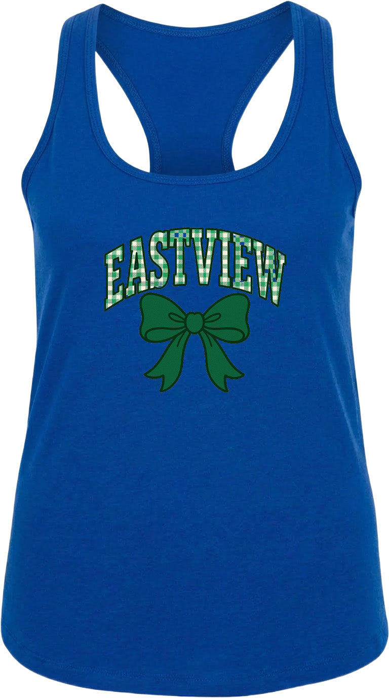 A blue tank top with the text "EASTVIEW" and a green bow graphic printed on it.