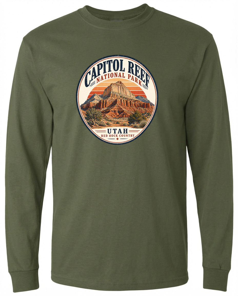 A long-sleeved green t-shirt with a circular graphic design featuring the Capitol Reef National Park in Utah.