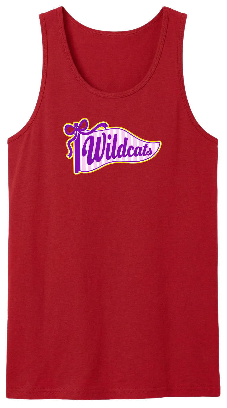 A red tank top with a purple and yellow graphic design featuring the text "Wildcats" on it.