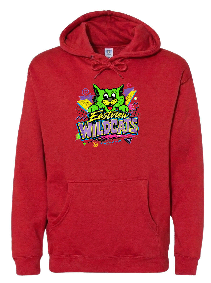 A red hoodie with a graphic design featuring a cartoon cat and the text "EASTVIEW WILDCATS".