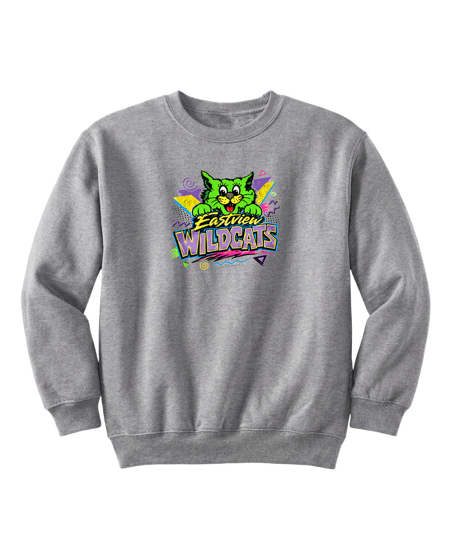 A gray sweatshirt with a colorful graphic design featuring a cartoon cat and the text "Eastview Wildcats".