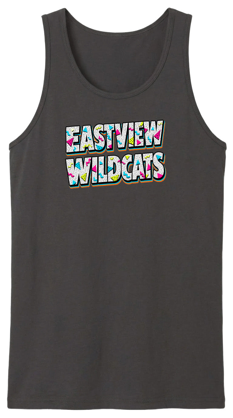 A black tank top with the text "EASTVIEW WILDCATS" printed on it in a colorful, stylized font.