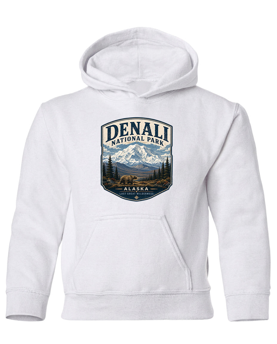A white hoodie with a graphic design depicting the Denali National Park in Alaska.