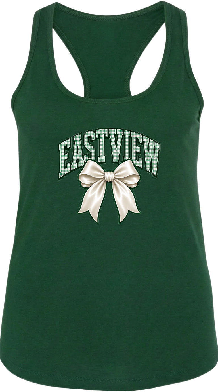 A green tank top with the word "EASTVIEW" and a bow graphic printed on it.