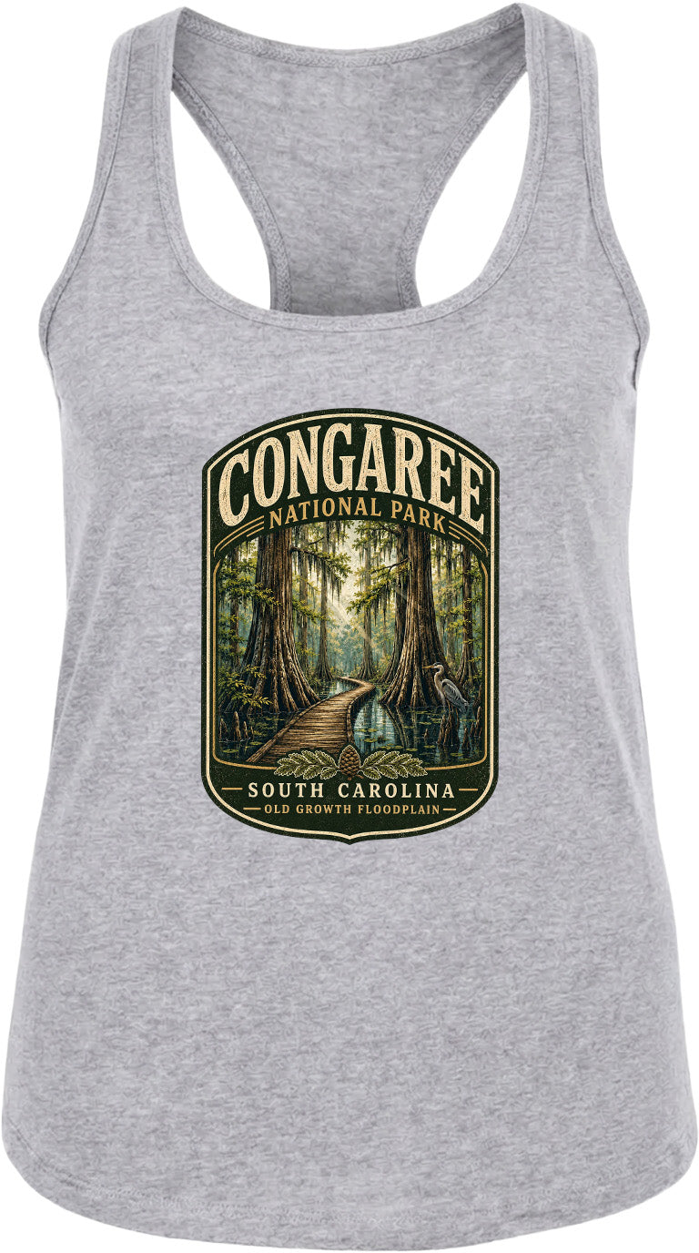 A gray tank top with a graphic design depicting a forest scene with a winding path leading through the trees.