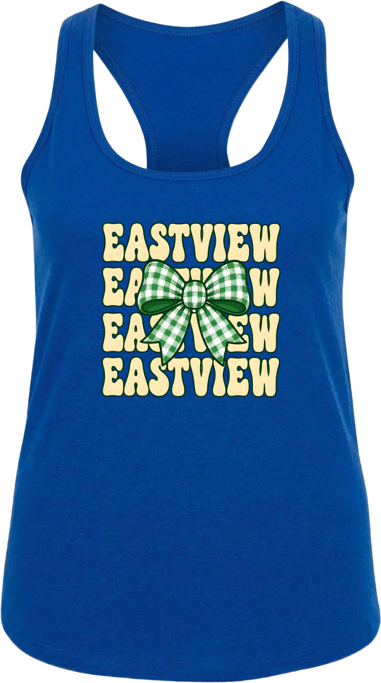 A blue tank top with a green and white bow design and the text "EASTVIEW" printed on it.