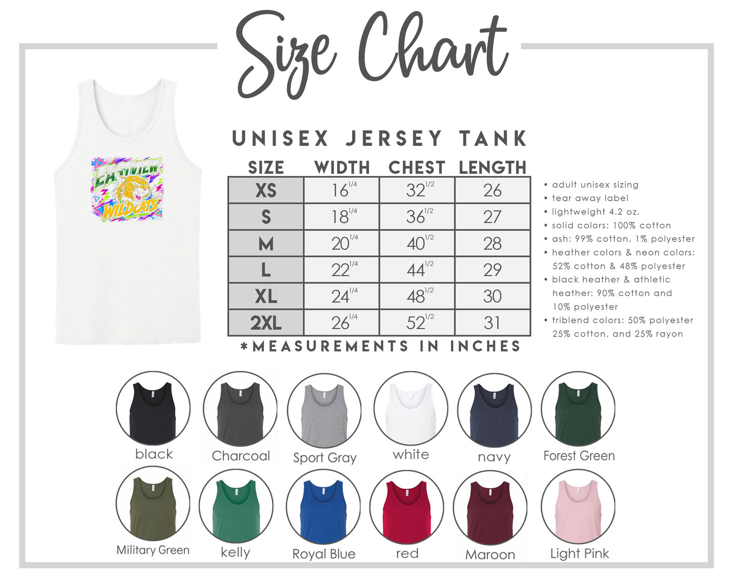 The image is a size chart for a unisex jersey tank, providing measurements for chest length, waist, and hip width. It includes a variety of tank colors and styles, such as black, charcoal, sport gray, navy, forest green, and light pink.