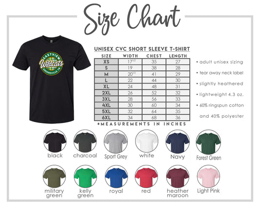 The image is a size chart for a unisex CVC short sleeve t-shirt. It includes a black t-shirt with a green and white logo, a black charcoal t-shirt, a white sport grey t-shirt, a navy blue t-shirt, a forest green t-shirt, a green military t-shirt, a green royal t-shirt, a red t-shirt, a pink t-shirt, and a light pink t-shirt. The chart provides measurements in inches for each size, and there is a list of colors for the t-shirt designs.