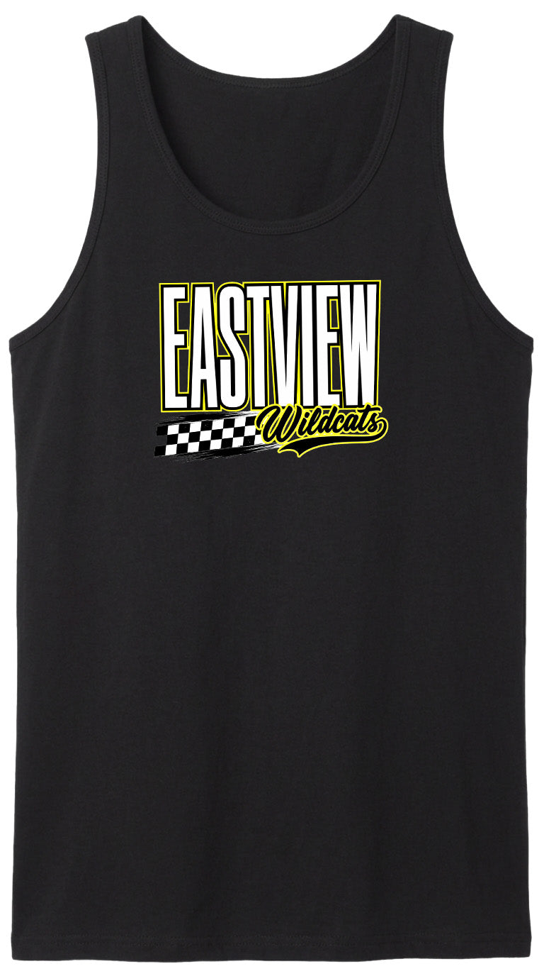 A black tank top with a yellow and white logo that says "EASTVIEW Wildcats".