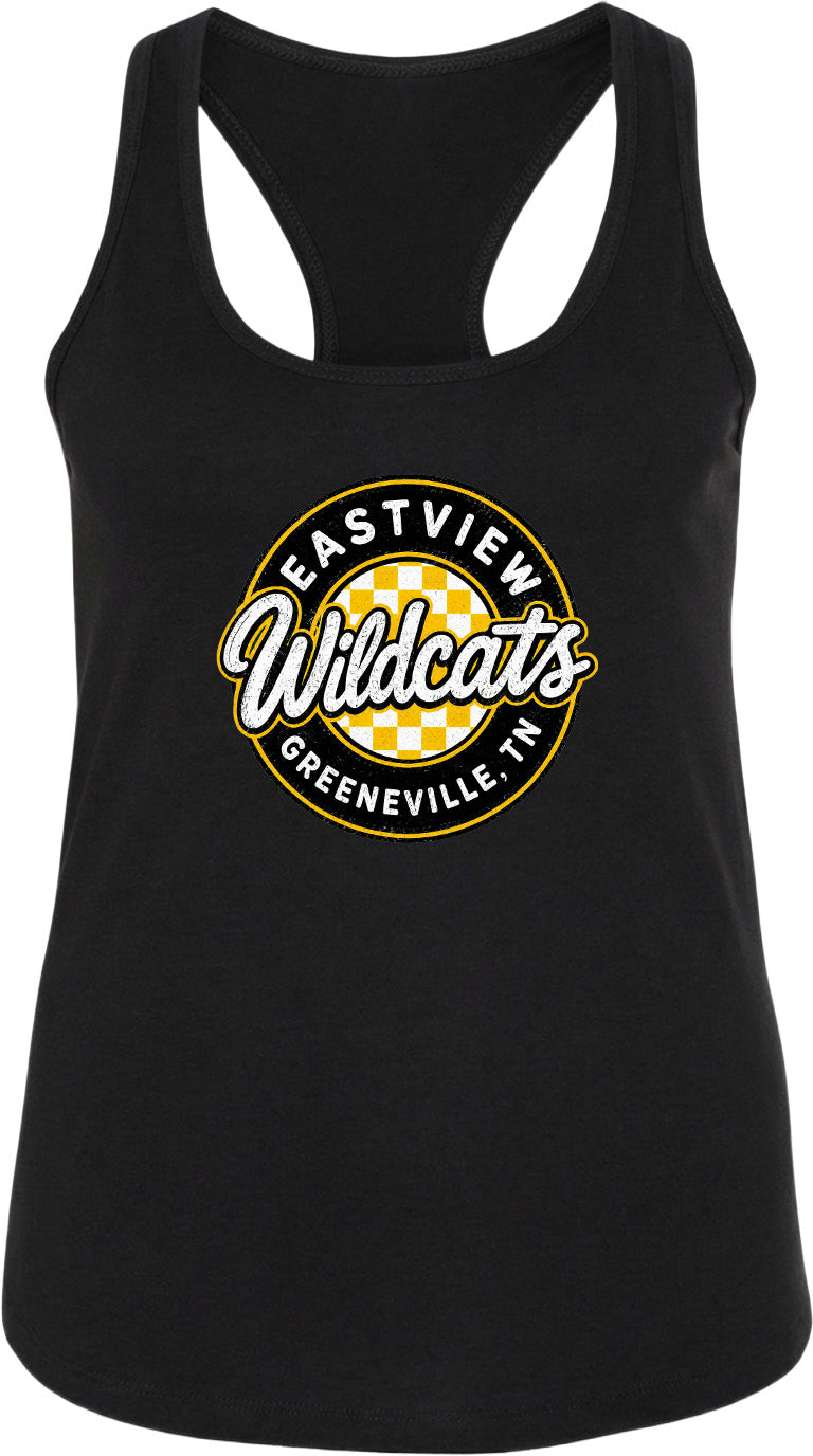 A black tank top with a graphic design featuring the text "EASTVIEW Wildcats Greeneville, TN" in a checkered pattern.