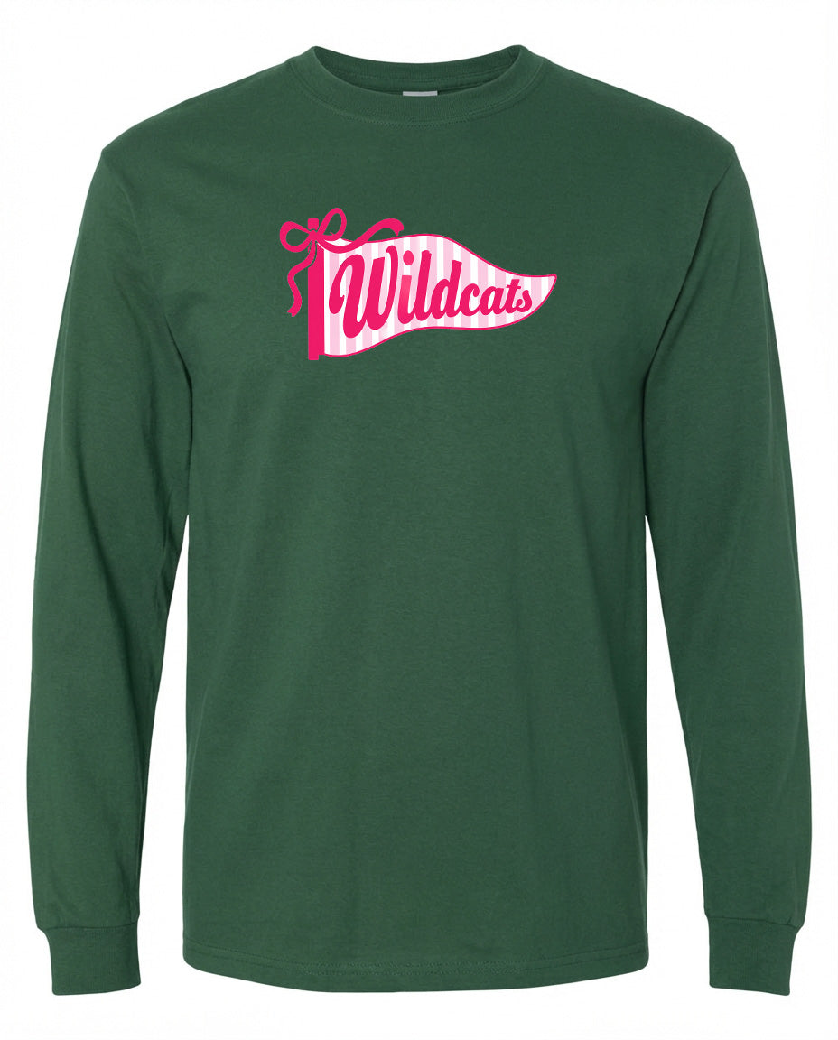 A long-sleeved green t-shirt with a pink and white banner design featuring the word "Wildcats" printed on it.