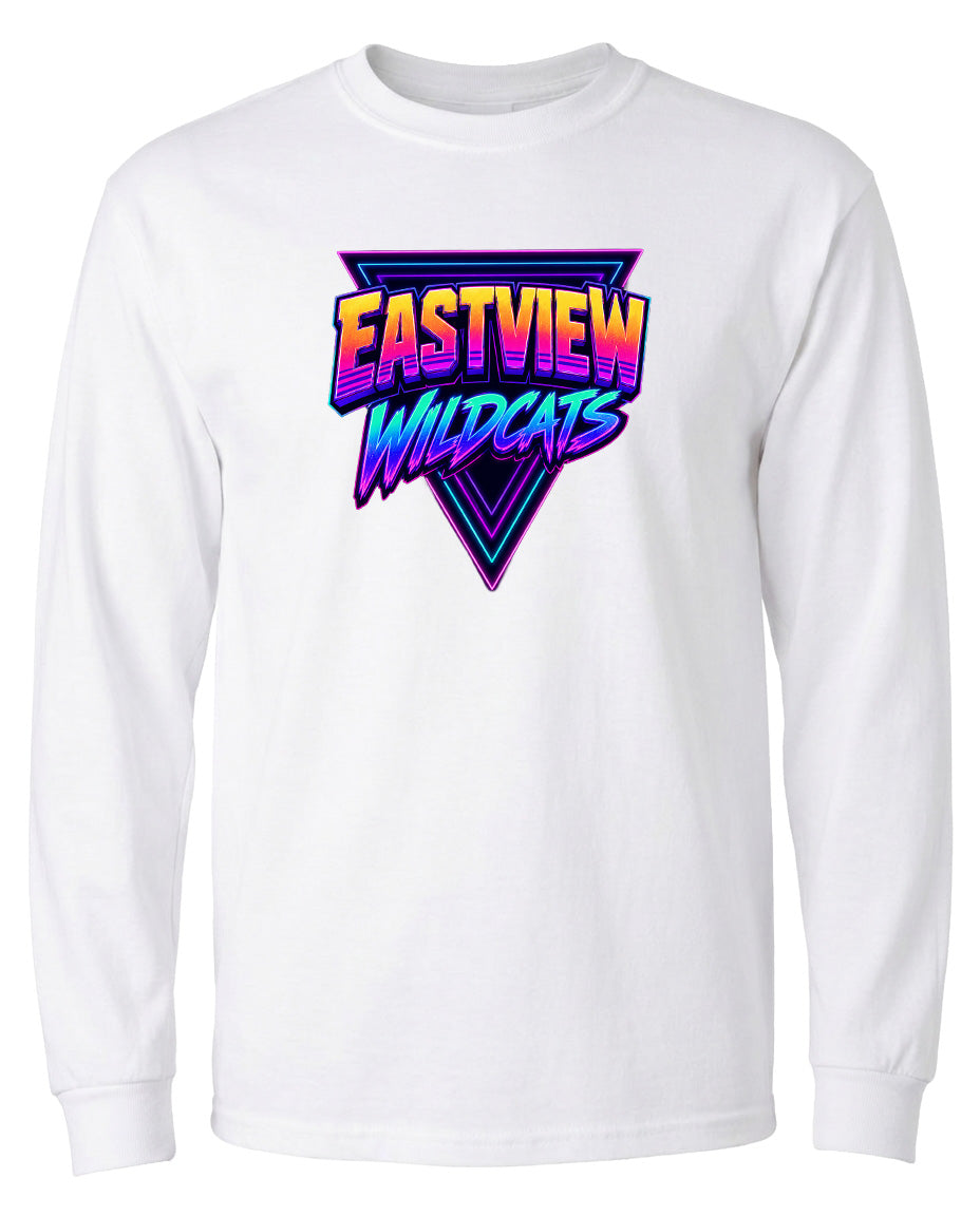 A white long-sleeved t-shirt with a graphic design featuring the text "EASTVIEW WILDCATS" in a colorful, retro-style font.