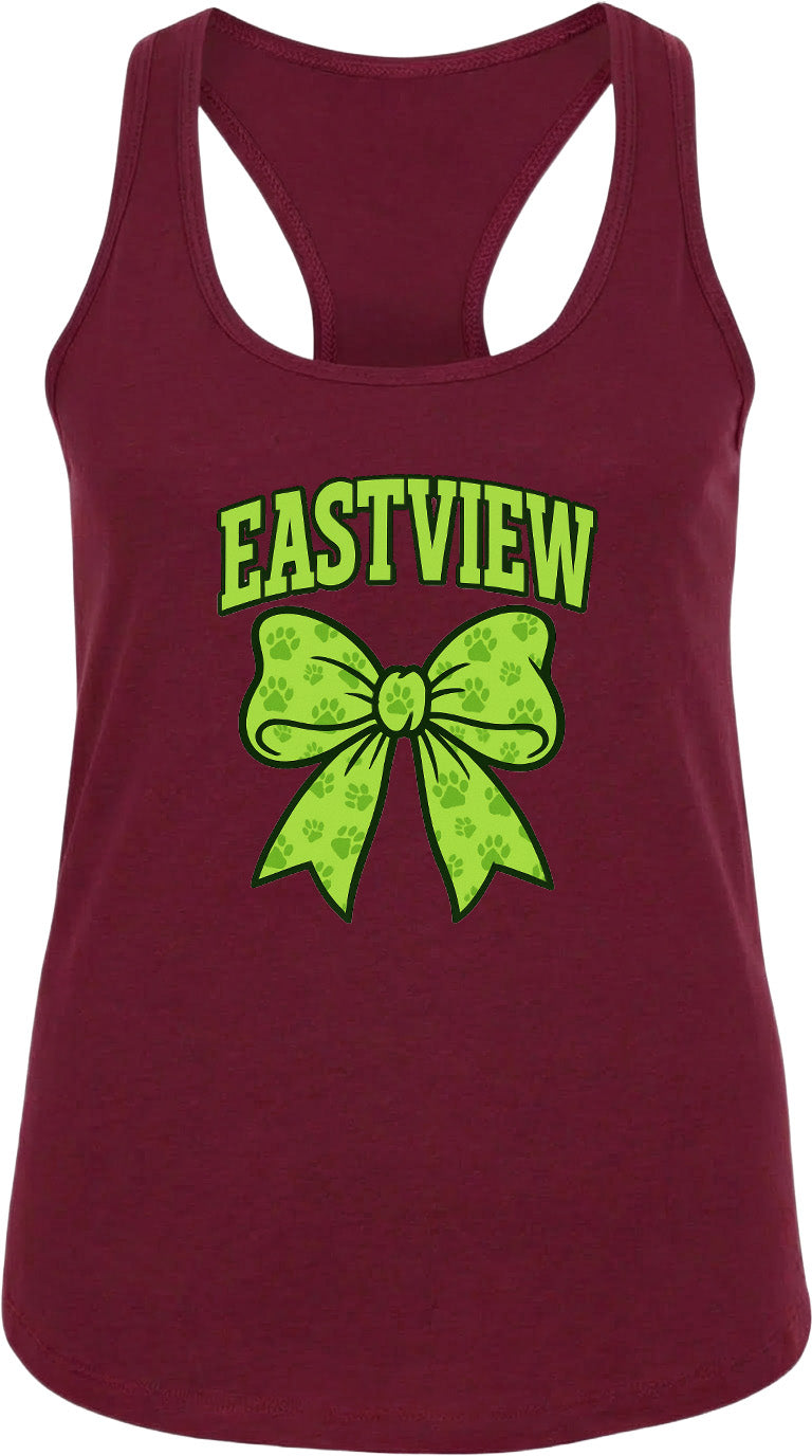 A burgundy tank top with a green bow and the text "EASTVIEW" printed on it.
