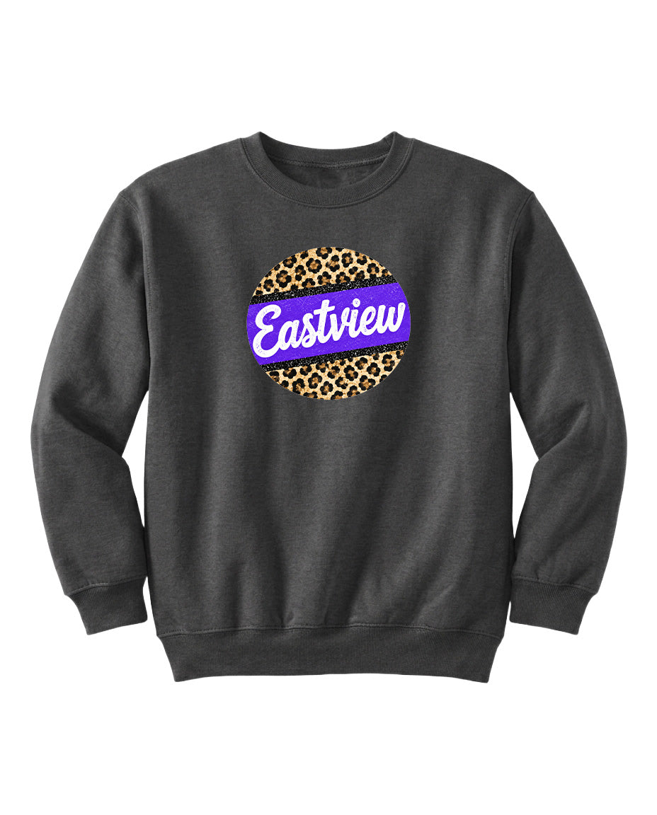 A gray sweatshirt with a leopard print design and the word "Eastview" printed on it.