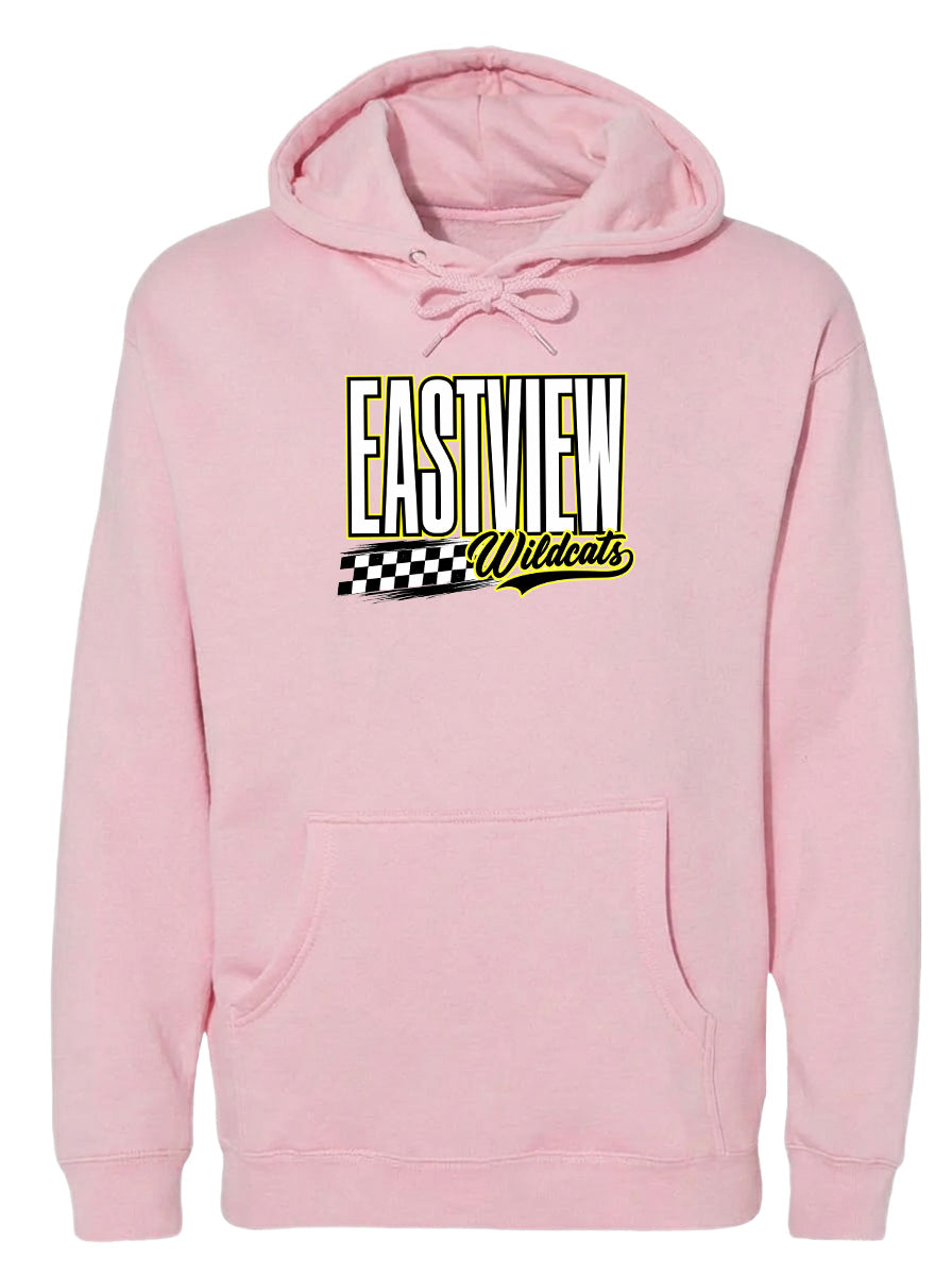A pink hoodie with a logo on the front.