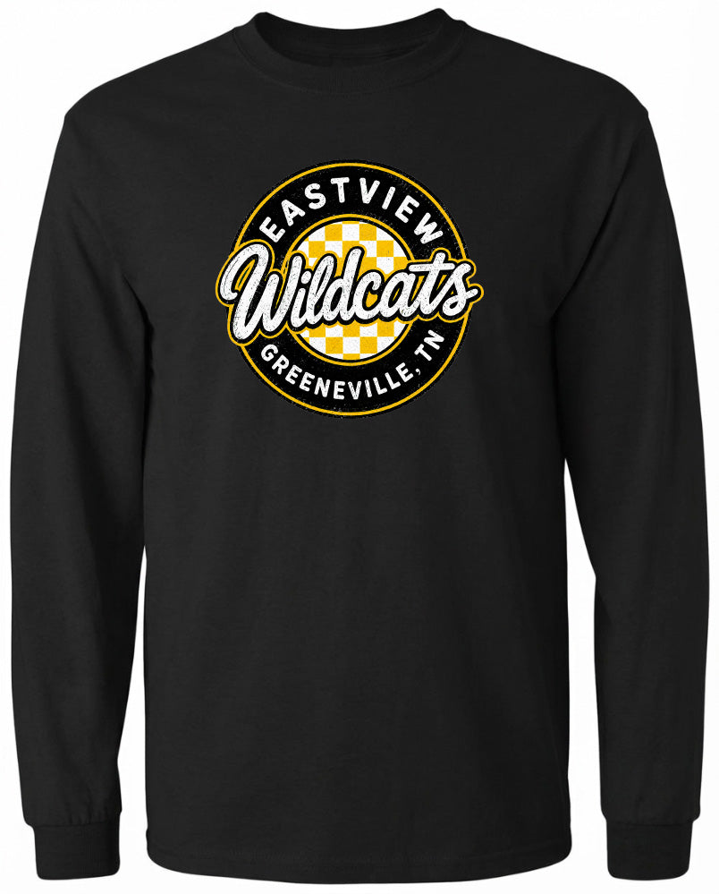 A black long-sleeved shirt with a circular logo on the front. The logo features the text "EASTVIEW Wildcats" and "Greeneville, TN" in a stylized font.