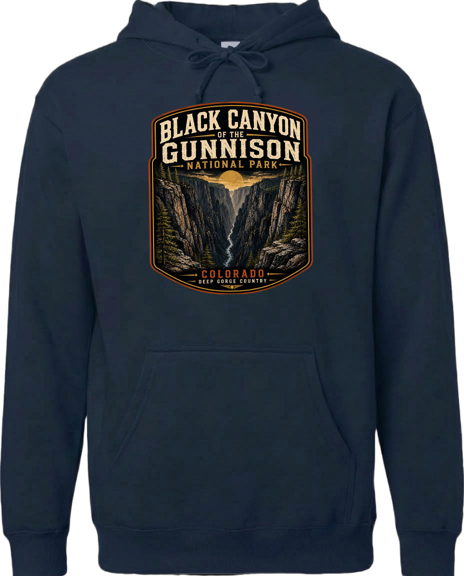 A hoodie with a graphic design depicting the Black Canyon of the Gunnison National Park in Colorado.