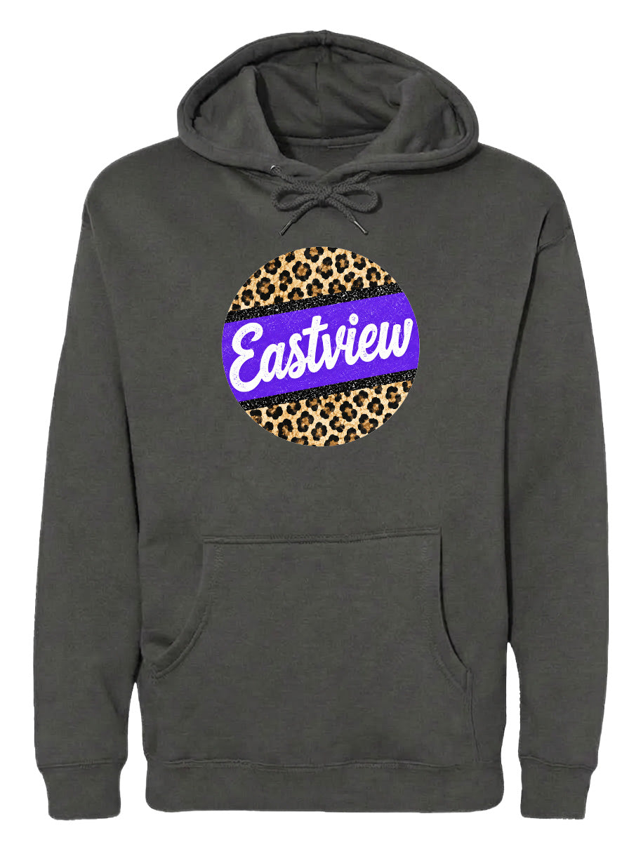 A gray hoodie with a leopard print design and the word "Eastview" printed on it.