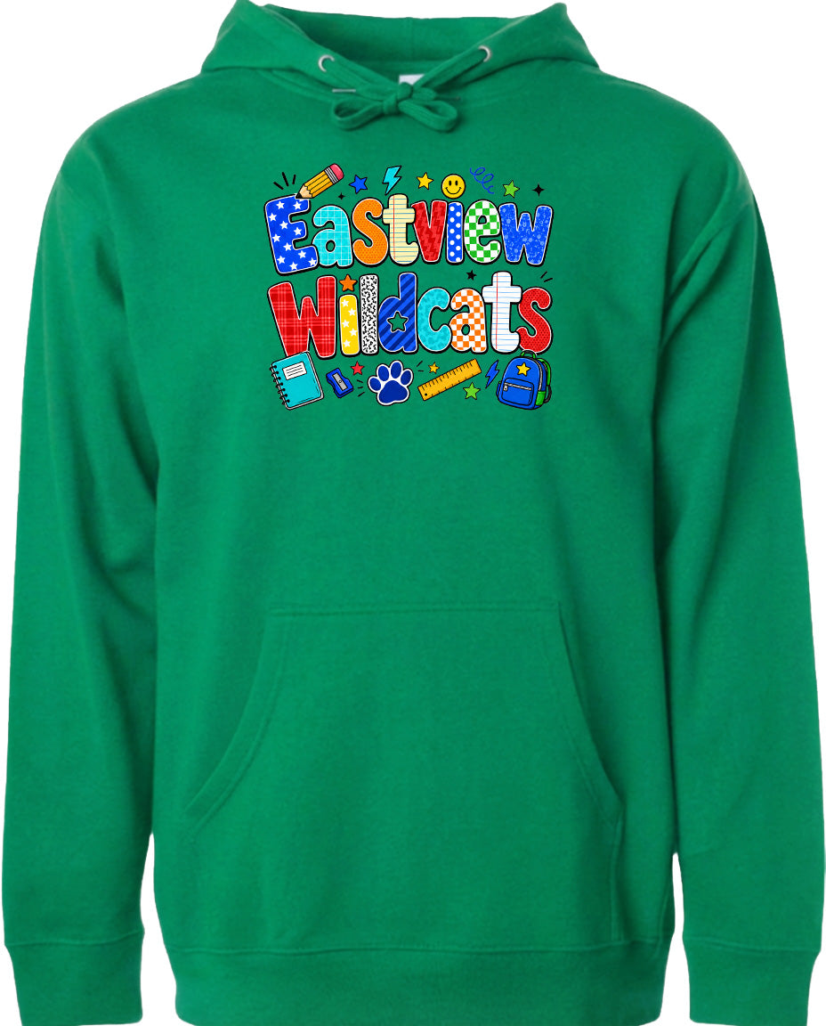 A bright green hoodie with the text "Eastview Wildcats" printed on it.