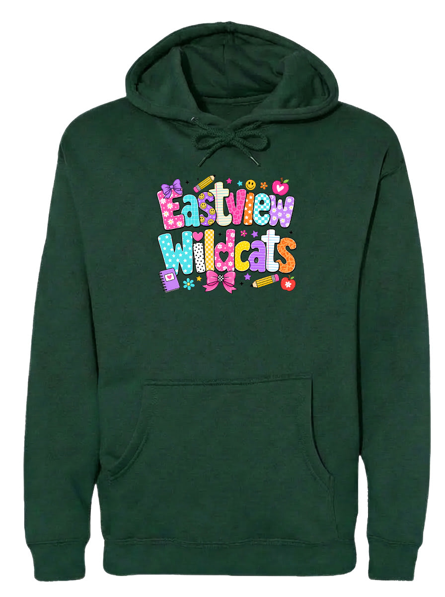 A green hoodie with a colorful graphic design featuring the text "Eastview Wildcats" and various decorative elements.