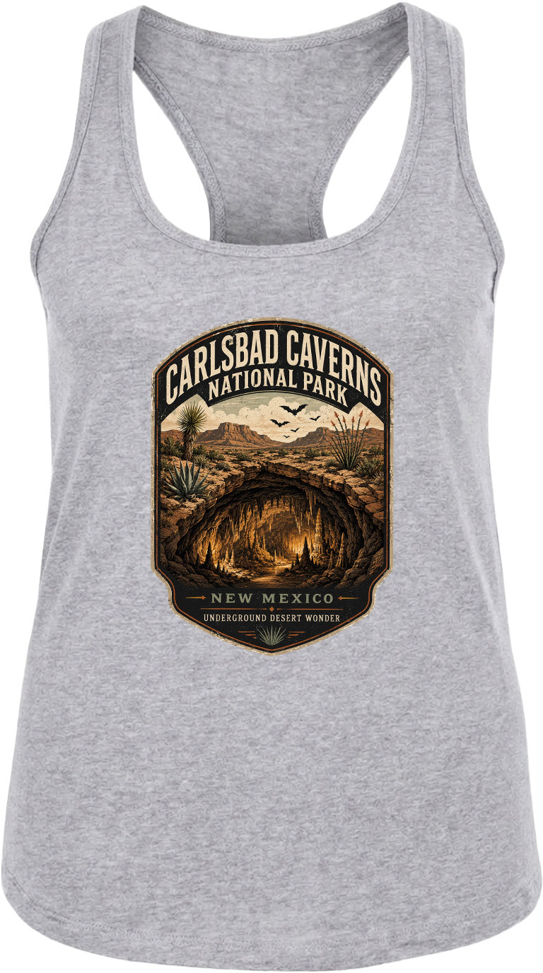 A gray tank top with a graphic design depicting the Carlsbad Caverns National Park in New Mexico, featuring a desert landscape with a cave and birds in the sky.