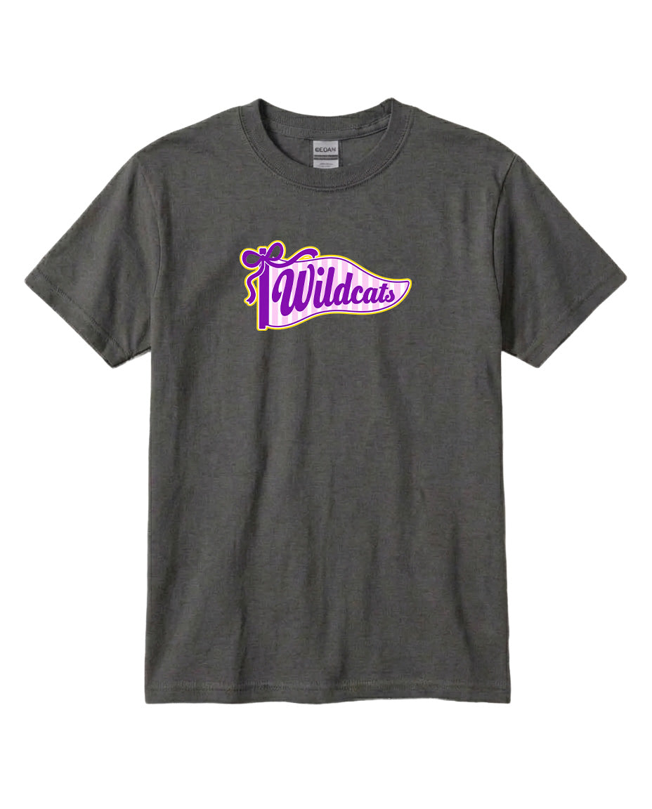 A gray t-shirt with a purple and yellow graphic design featuring the text "Wildcats" on it.