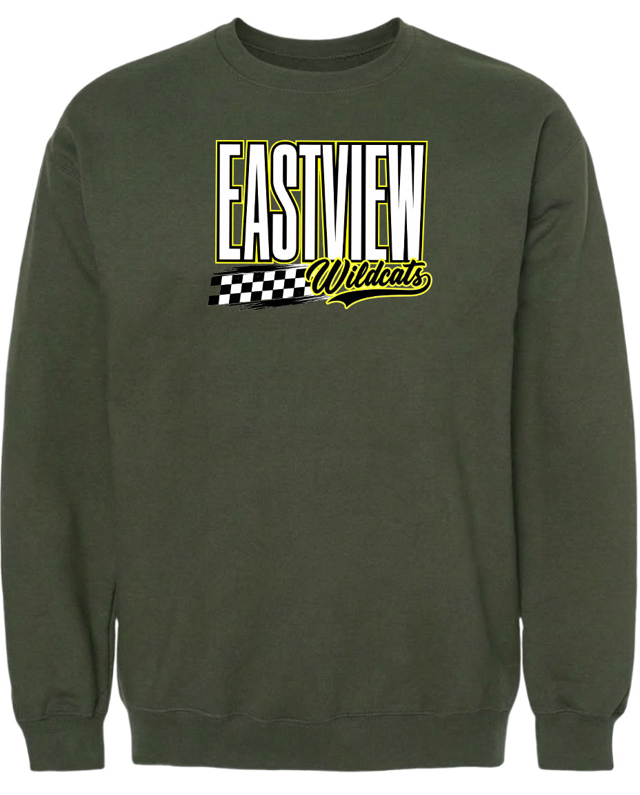 A dark green sweatshirt with a graphic design on the front.