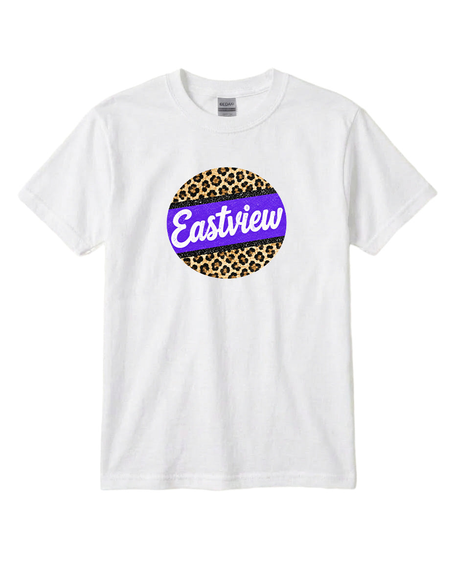A white t-shirt with a circular graphic design featuring a leopard print pattern and the word "Eastview" written in purple text.