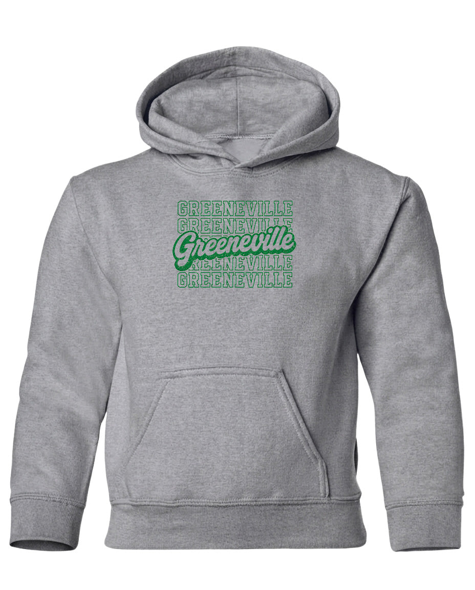 A gray hooded sweatshirt with a green text logo on the front.