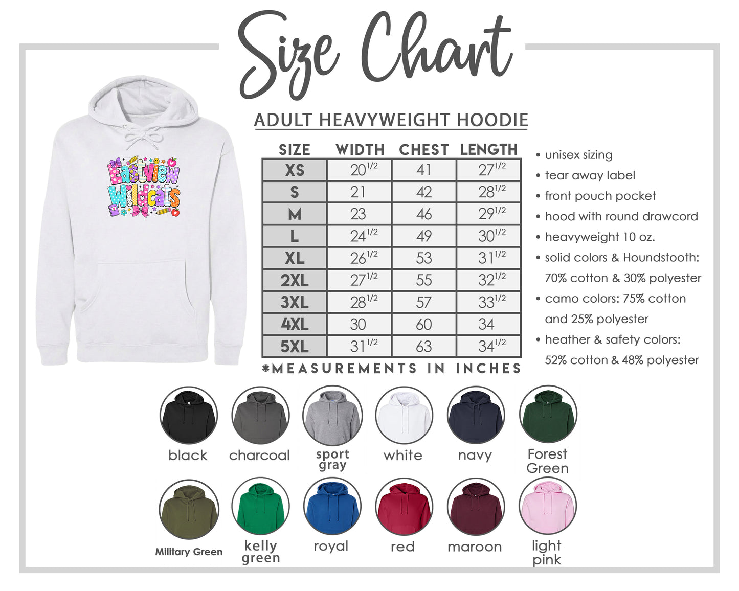 The image is a size chart for an adult heavyweight hoodie, showing the different sizes available and their corresponding measurements in inches.