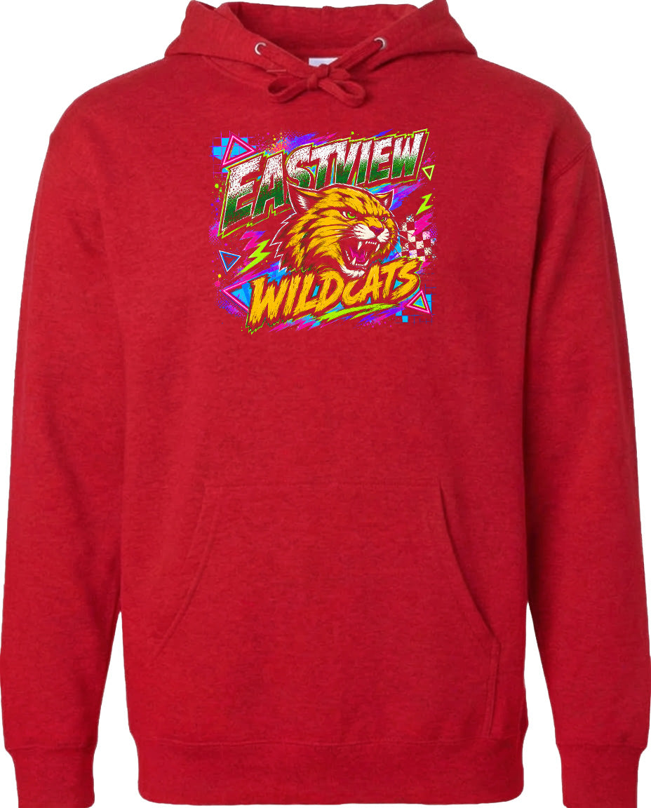A red hoodie with a graphic design featuring a fierce-looking tiger or lion-like creature and the text "EASTVIEW WILDCATS".