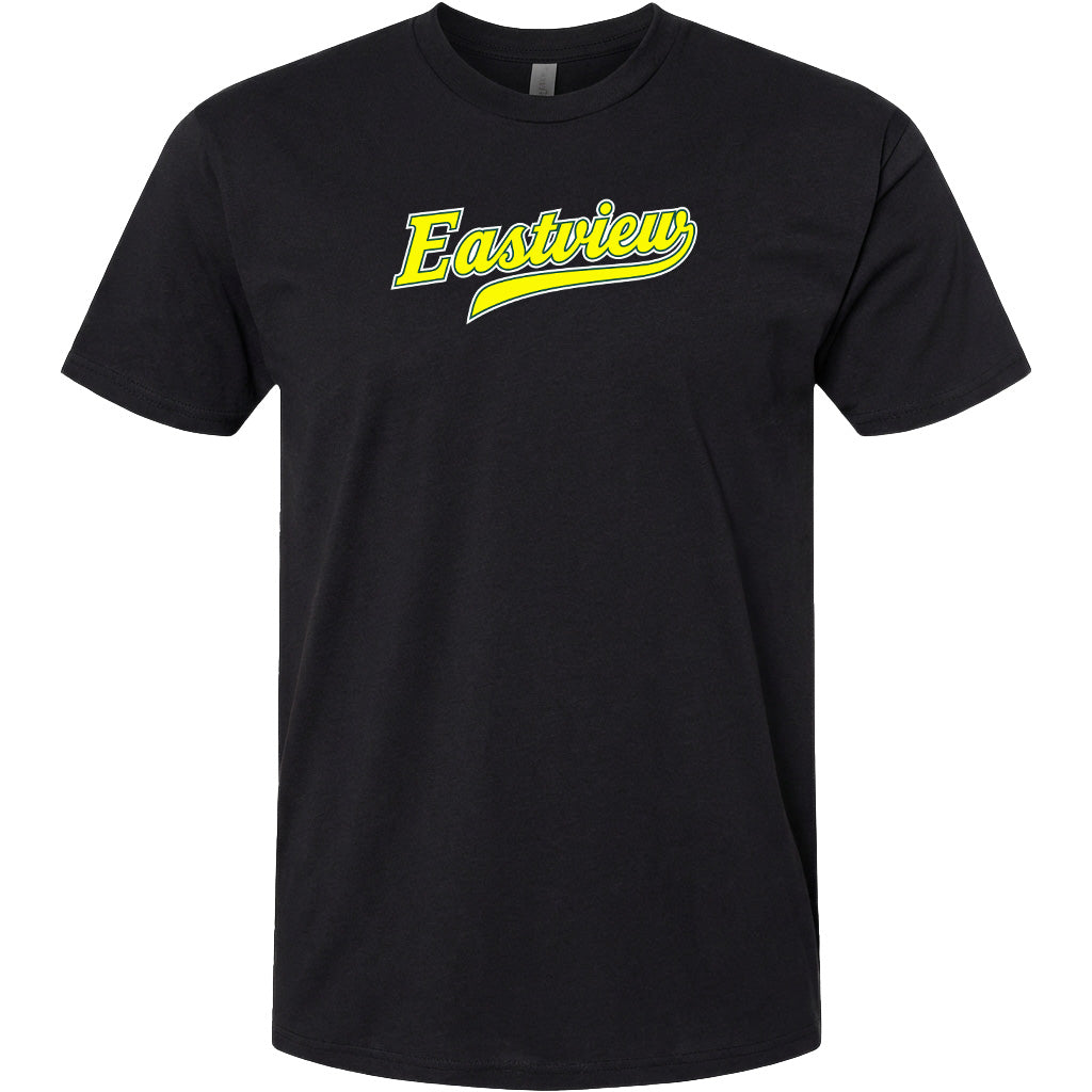 A black t-shirt with the word "Eastview" printed in yellow on the front.