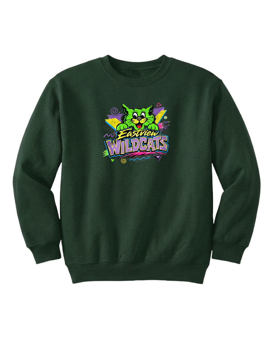 A dark green sweatshirt with a colorful graphic design featuring a cartoon cat and the text "Easton Wildcats".