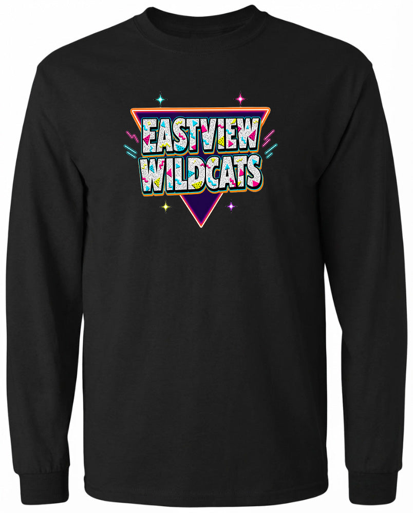 A black long-sleeved shirt with a colorful graphic design featuring the text "EASTVIEW WILDCATS" in a retro style.