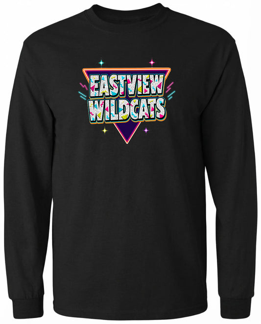 A black long-sleeved shirt with a colorful graphic design featuring the text "EASTVIEW WILDCATS" in a retro style.