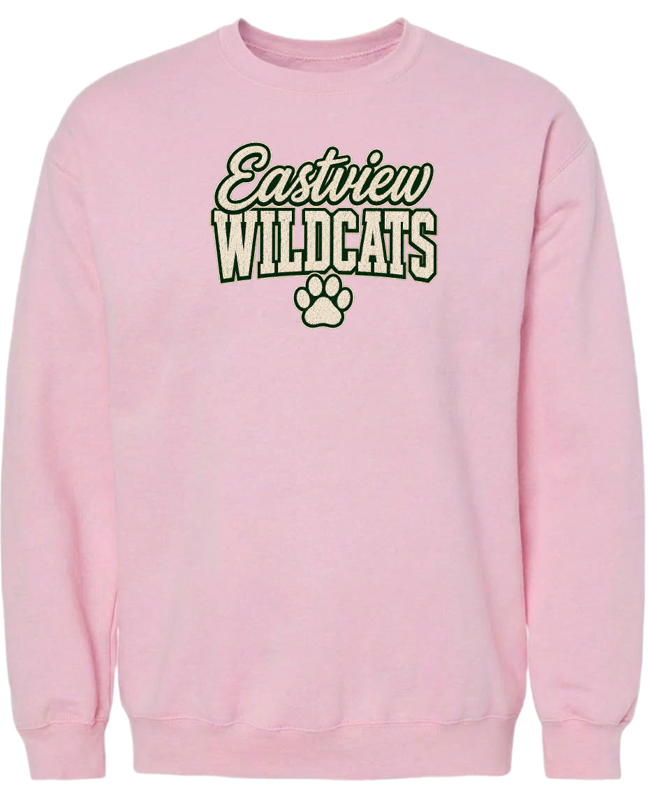 A pink sweatshirt with the text "Eastview Wildcats" printed on it.