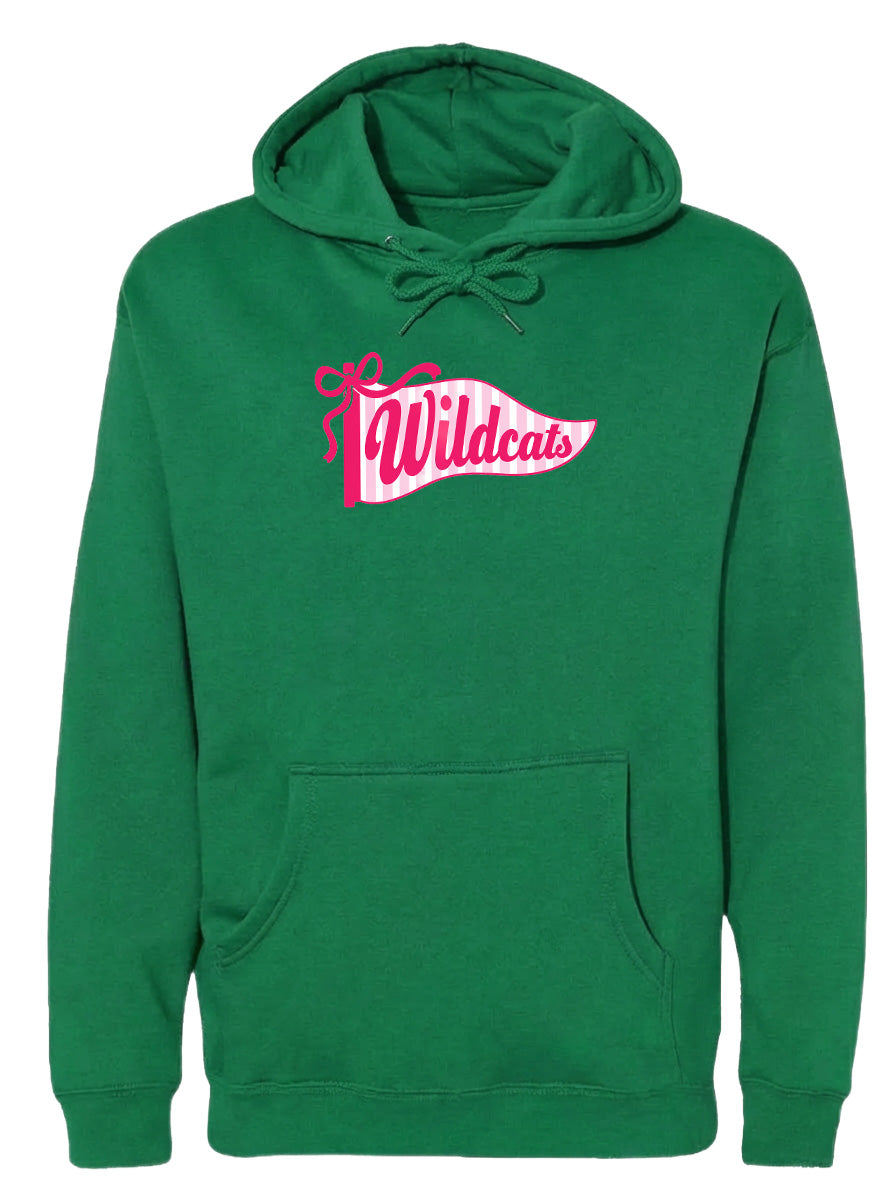 A green hoodie with a pink and white banner that says "Wildcats" on it.